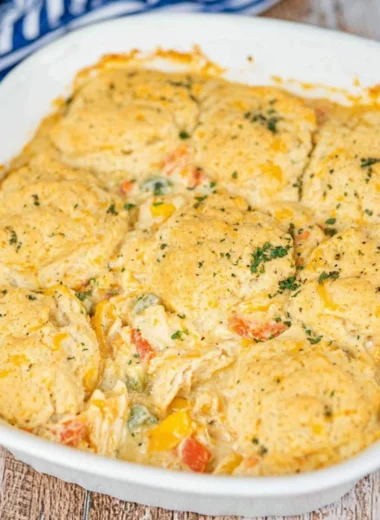Cheddar Bay Chicken Pot Pie Casserole topped with flaky crust and cheese.