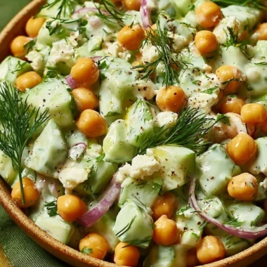 Chickpea cucumber salad with creamy yogurt dressing in a bowl