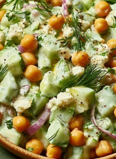 Chickpea cucumber salad with creamy yogurt dressing in a bowl