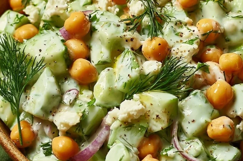 Chickpea cucumber salad with creamy yogurt dressing in a bowl