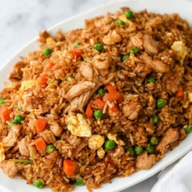 Plate of delicious Chinese chicken fried rice with vegetables and egg