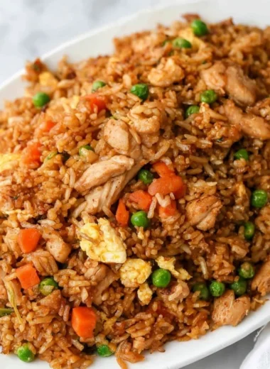 Plate of delicious Chinese chicken fried rice with vegetables and egg