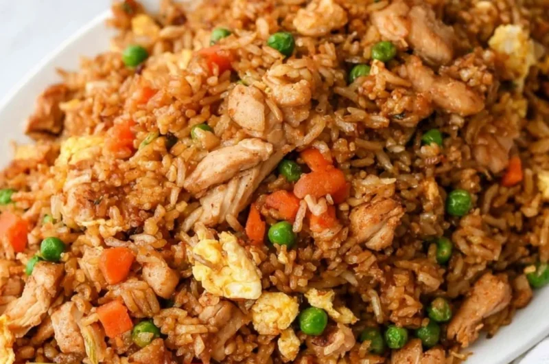 Plate of delicious Chinese chicken fried rice with vegetables and egg