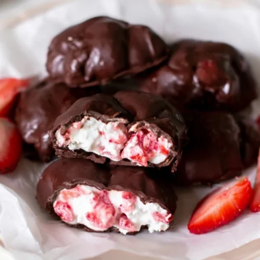 Chocolate strawberry yogurt clusters dessert recipe topped with fresh strawberries