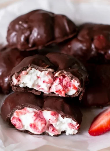 Chocolate strawberry yogurt clusters dessert recipe topped with fresh strawberries