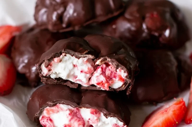 Chocolate strawberry yogurt clusters dessert recipe topped with fresh strawberries