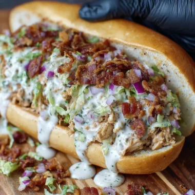 Chopped Chicken Bacon Ranch Sandwich with crispy bacon and ranch dressing