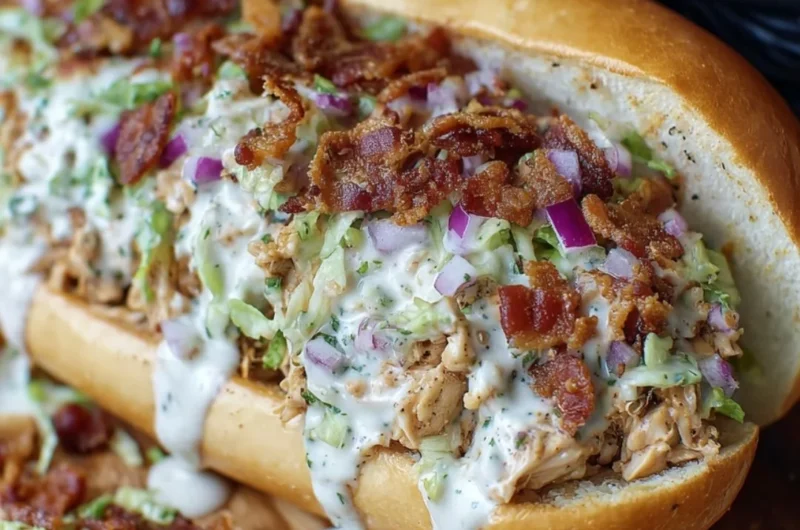 Chopped Chicken Bacon Ranch Sandwich with crispy bacon and ranch dressing