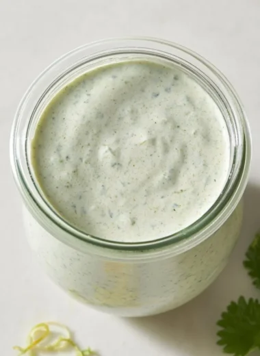 Cilantro lime cream sauce served in a bowl with fresh herbs
