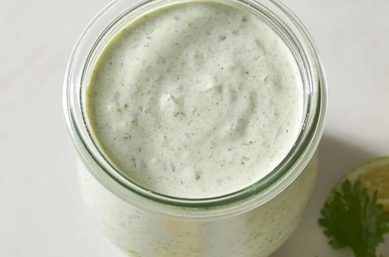 Cilantro lime cream sauce served in a bowl with fresh herbs