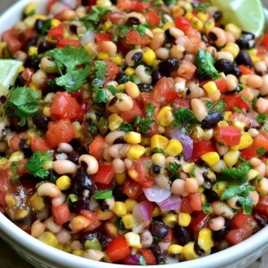 Bowl of vibrant Cowboy Caviar with beans, corn, and vegetables.