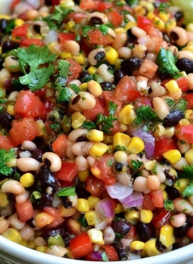 Bowl of vibrant Cowboy Caviar with beans, corn, and vegetables.