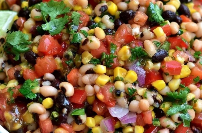 Bowl of vibrant Cowboy Caviar with beans, corn, and vegetables.