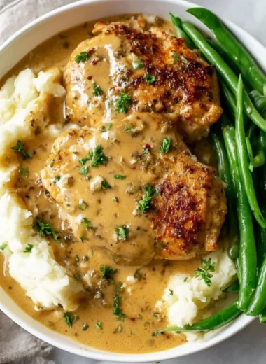 Creamy garlic chicken dish served on a plate with herbs and sides