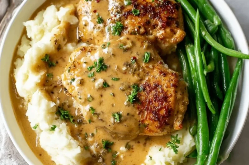 Creamy garlic chicken dish served on a plate with herbs and sides