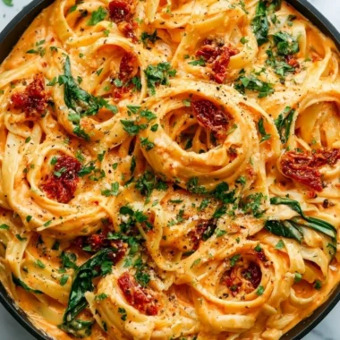 Creamy vegan sun-dried tomato pasta served in a beautiful bowl