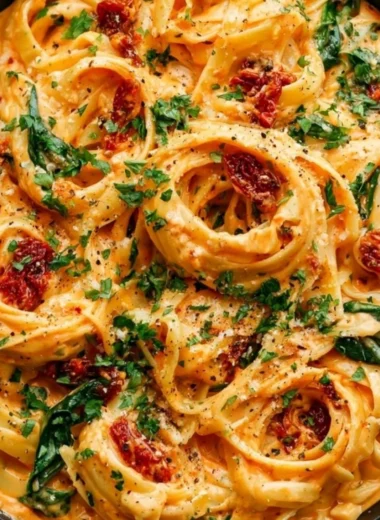 Creamy vegan sun-dried tomato pasta served in a beautiful bowl