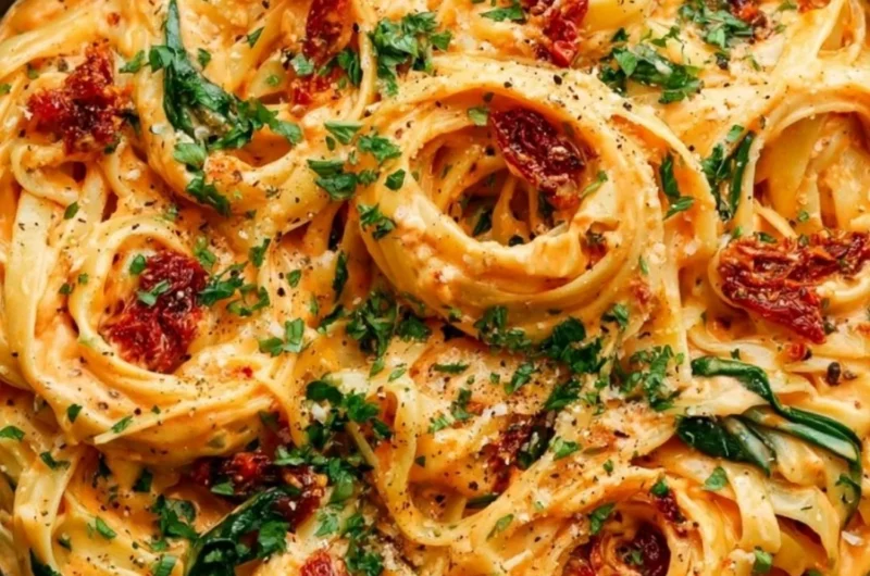 Creamy vegan sun-dried tomato pasta served in a beautiful bowl