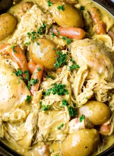 Crockpot Ranch Chicken with fresh vegetables in a slow cooker