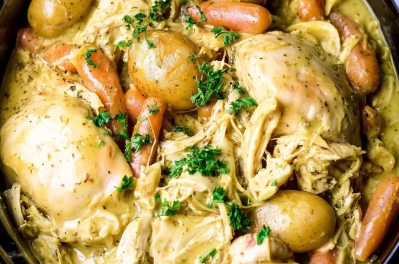 Crockpot Ranch Chicken with fresh vegetables in a slow cooker