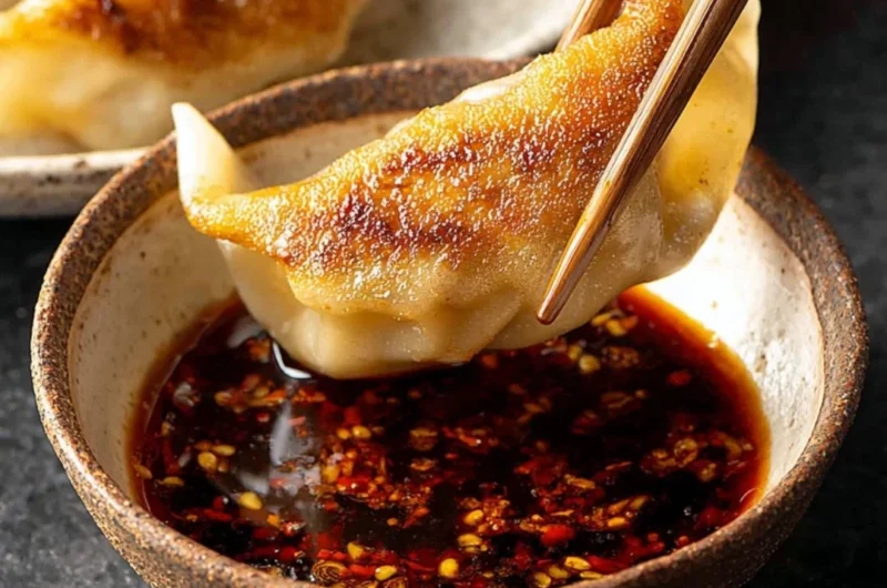 Homemade dumpling dipping sauce served in a small bowl.