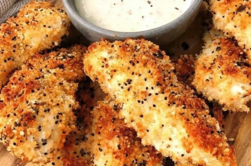 Crispy Everything Bagel Chicken Tenders with seasoning on a plate