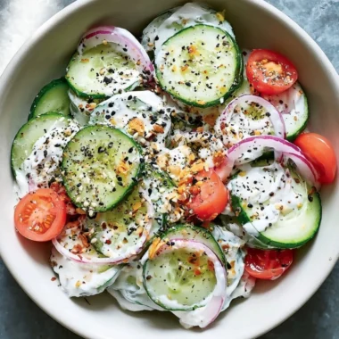 Fresh cucumber salad topped with everything bagel seasoning in a bowl.