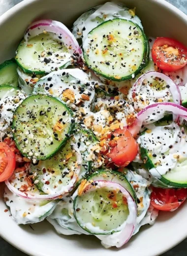 Fresh cucumber salad topped with everything bagel seasoning in a bowl.
