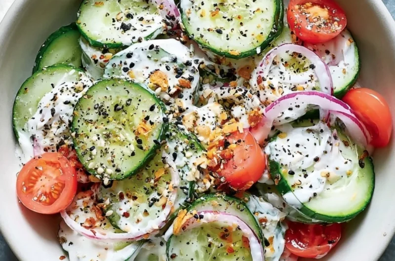 Fresh cucumber salad topped with everything bagel seasoning in a bowl.