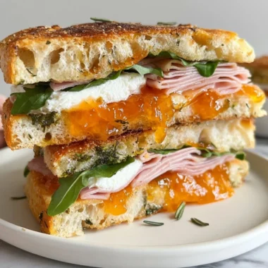 Goat's cheese and ham focaccia sandwich topped with apricot jam