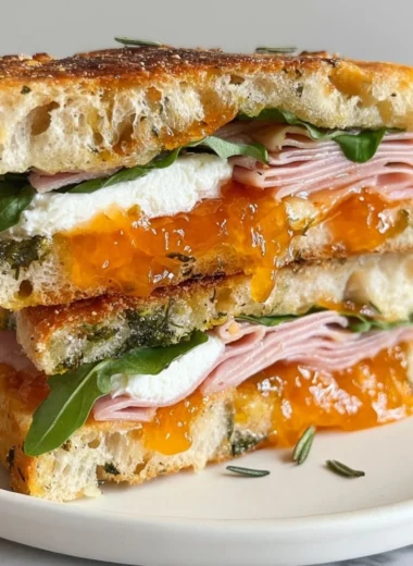 Goat's cheese and ham focaccia sandwich topped with apricot jam