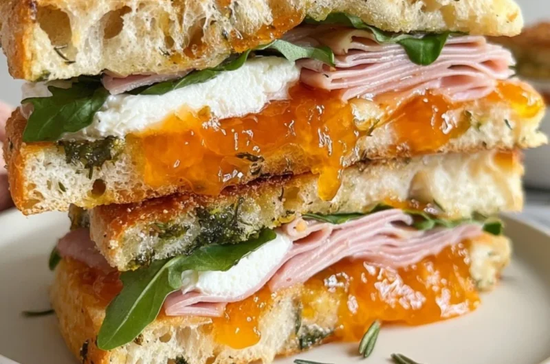 Goat's cheese and ham focaccia sandwich topped with apricot jam