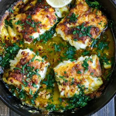 Greek Style Baked Cod served with fresh herbs and lemon wedges