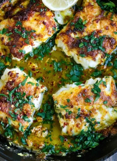 Greek Style Baked Cod served with fresh herbs and lemon wedges