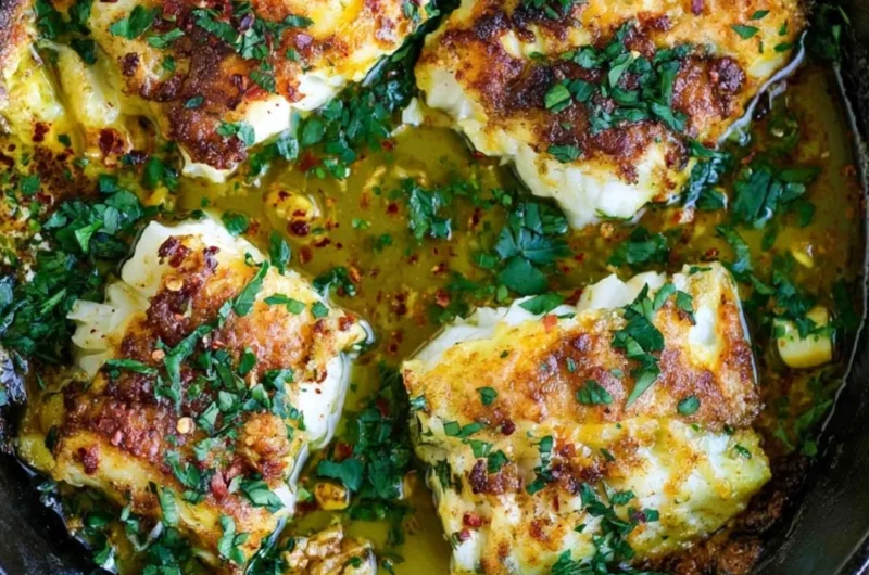 Plate of Greek Style Baked Cod with herbs and lemon