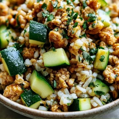Ground Chicken Zucchini Rice Skillet in a pan with fresh ingredients