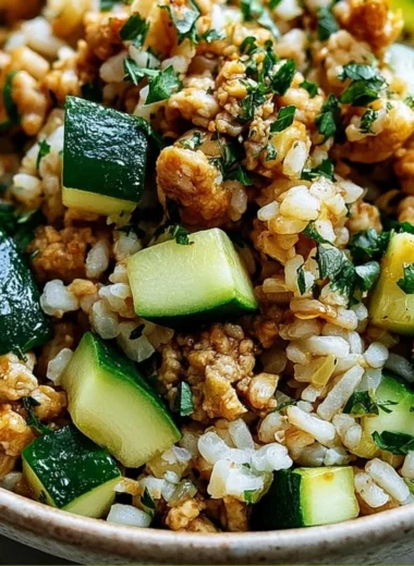 Ground Chicken Zucchini Rice Skillet in a pan with fresh ingredients