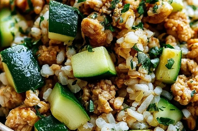 Ground Chicken Zucchini Rice Skillet in a pan with fresh ingredients