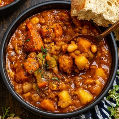 Bowl of hearty vegan sweet potato stew with fresh herbs and colorful vegetables