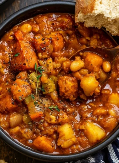 Bowl of hearty vegan sweet potato stew with fresh herbs and colorful vegetables