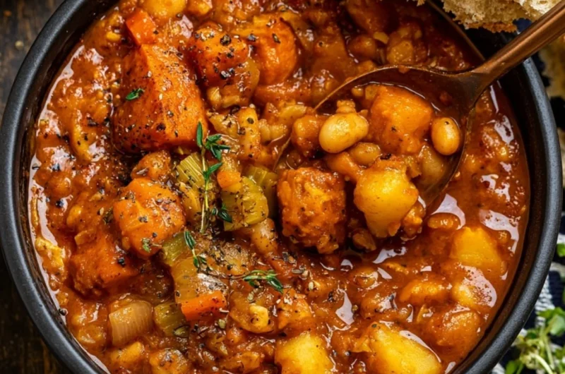 Bowl of hearty vegan sweet potato stew with fresh herbs and colorful vegetables