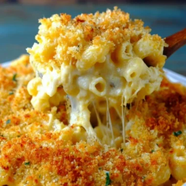 Delicious homemade baked mac and cheese with crispy topping and gooey cheese.