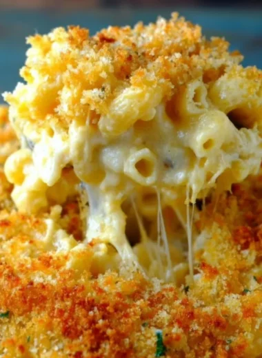 Delicious homemade baked mac and cheese with crispy topping and gooey cheese.