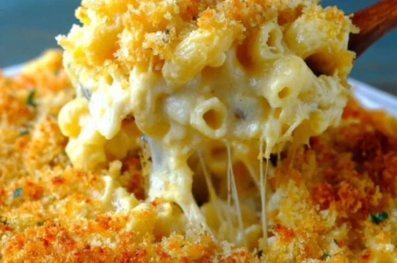 Delicious homemade baked mac and cheese with crispy topping and gooey cheese.
