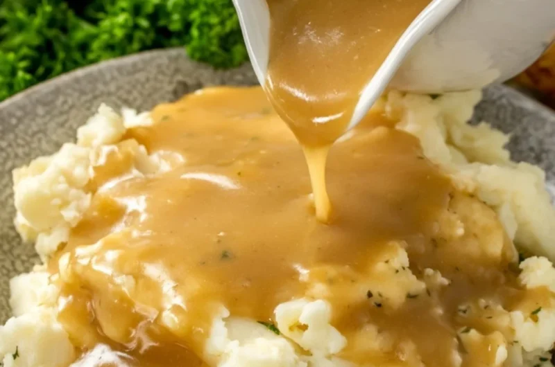 Rich and flavorful homemade gravy made from scratch in a saucepan.