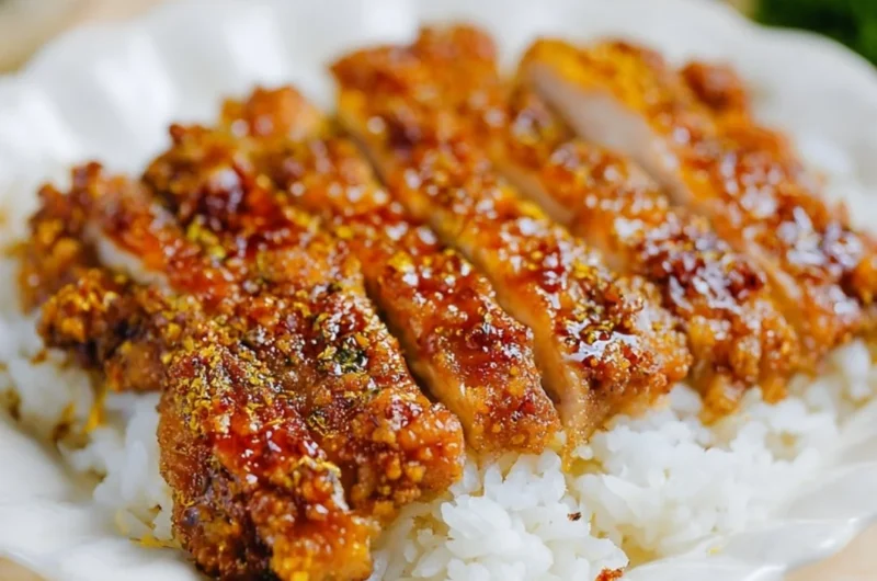 Honey Garlic Crispy Chicken with a crispy coating and garnished with herbs