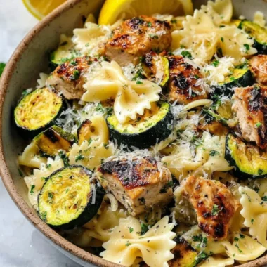 Plate of Italian Lemon Chicken Pasta garnished with herbs