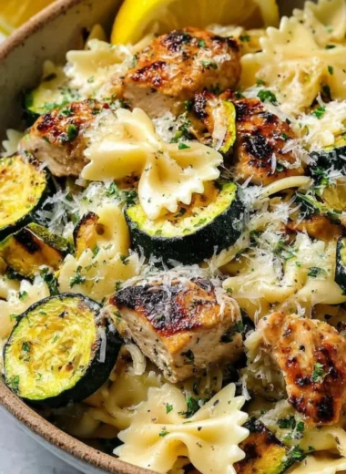 Plate of Italian Lemon Chicken Pasta garnished with herbs