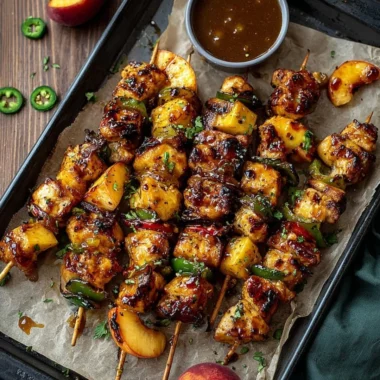 Jalapeno Peach Chicken Skewers arranged on a platter for grilling