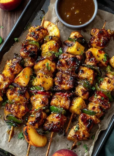 Jalapeno Peach Chicken Skewers arranged on a platter for grilling